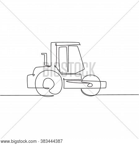 One Continuous Line Drawing Of Metal Roller Vehicle For Paving The Road, Commercial Vehicle. Heavy C