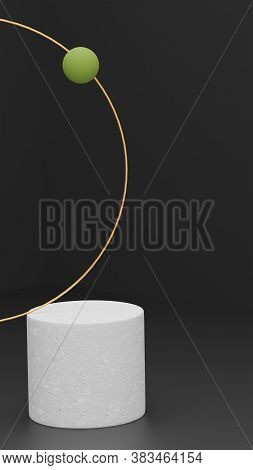 Ball, Torus And Concrete Cylinder. Minimalistic Dark Vertial Background With Objects For Stories. Ba