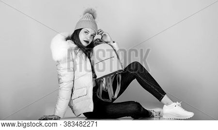 Time To Rest. Girl In Puffed Coat. Faux Fur Fashion. Warm Winter Clothing. Shopping. Woman In Beanie
