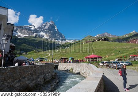 Cervinia, Italy - July 12, 2020: Picturesque Mountain Town Of Cervinia During Summer