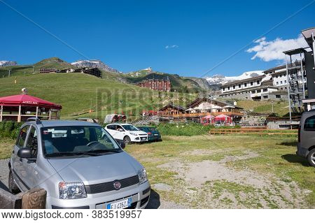 Cervinia, Italy - July 12, 2020: Picturesque Mountain Town Of Cervinia During Summer