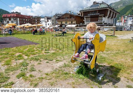 Cervinia, Italy - July 12, 2020: Picturesque Mountain Town Of Cervinia During Summer