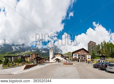 Cervinia, Italy - July 12, 2020: Picturesque Mountain Town Of Cervinia During Summer