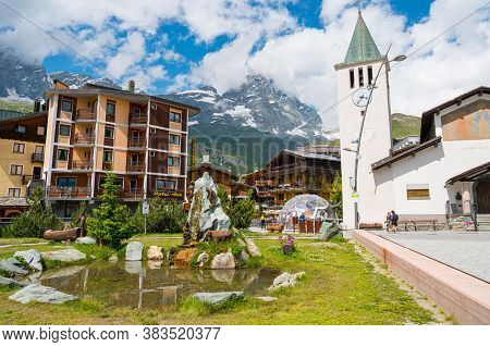 Cervinia, Italy - July 12, 2020: Picturesque Mountain Town Of Cervinia During Summer
