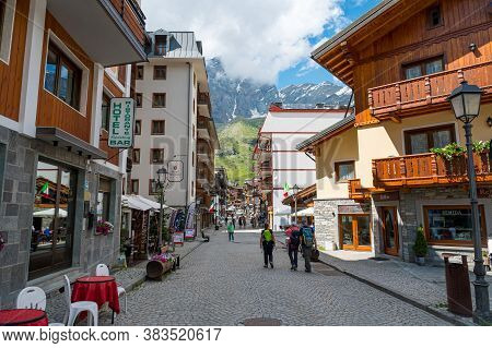 Cervinia, Italy - July 12, 2020: Picturesque Mountain Town Of Cervinia During Summer
