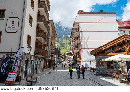 Cervinia, Italy - July 12, 2020: Picturesque Mountain Town Of Cervinia During Summer