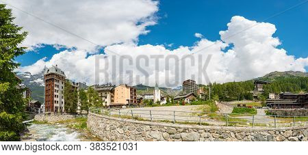 Cervinia, Italy - July 12, 2020: Picturesque Mountain Town Of Cervinia During Summer