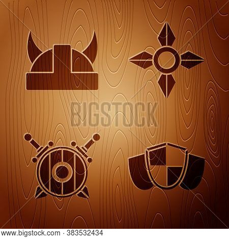 Set Shield, Viking In Horned Helmet, Wooden Shield With Crossed Swords And Japanese Ninja Shuriken O