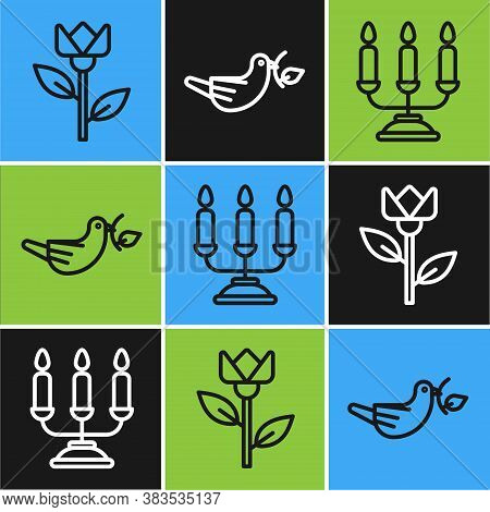 Set Line Flower Tulip, Candelabrum With Candlesticks And Peace Dove With Olive Branch Icon. Vector