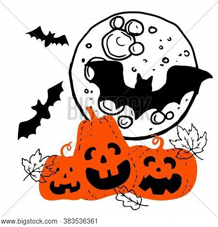 Halloween Composition - Orange Smiling Pumpkin Full Moon Autumn Leaves Black Bats Silhouette. Hand D