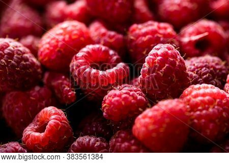 Fresh And Sweet Red Raspberries Texture. Fruit Pile Background. Raspberries Close Up. Macro Photo Fo
