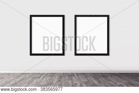 White Posters With Frame On Wall. Mock Up For You Design Preview. Good Use For Advertasing Materials