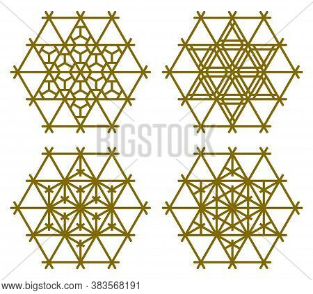 Set Of Four Japanese Patterns In Kumiko Zaiku Style.brown Color Lines.