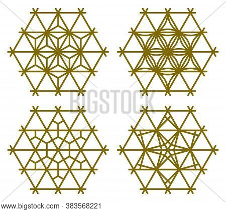Set Of Four Japanese Patterns In Kumiko Zaiku Style.brown Color Lines.
