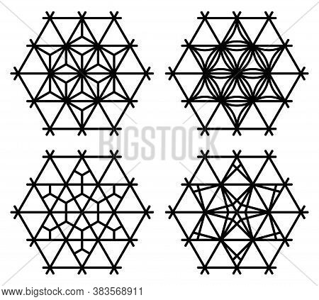 Set Of Four Japanese Patterns In Style Kumiko Zaiku.hexagon Frame.black Color Lines.
