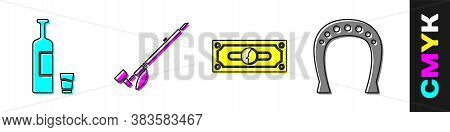 Set Whiskey Bottle And Glass, Native American Indian Smoking Pipe, Stacks Paper Money Cash And Horse