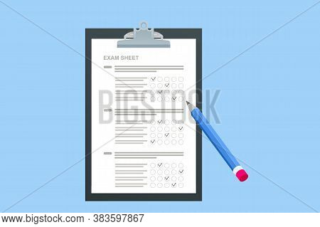The Student Filling Out Answers To Exam Test Answer Sheet With A Pencil. School And Education. Test 