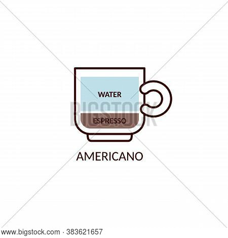Americano Coffee Of Espresso And Water, Cartoon Vector Illustration Isolated.