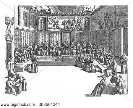 Meeting in the Sala del Collegio, anonymous, 1610 Interior of the Sala del Collegio in the Doge's Palace in Venice. The Venice Doge sits in the middle and leads a meeting, vintage engraving.