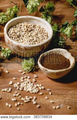 All For Brewing. Fresh Green Hop Cones, Wheat Grain And Red Fermented Malt In Ceramic Bowls Over Woo