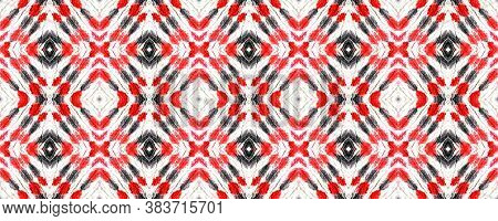 Lombok Textile. Seamless Tie Dye Ornament. Ikat African Motif. Red, Black, White Seamless Texture. A