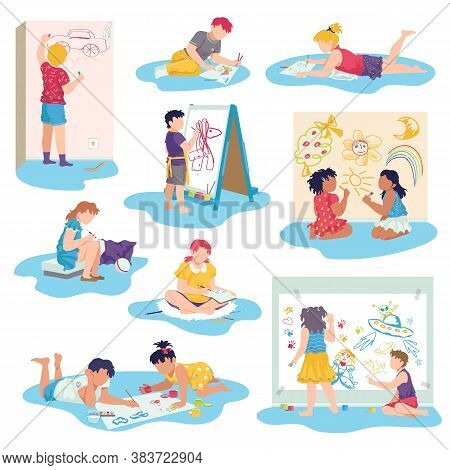 Kids Drawing With Crayons Vector Illustrations Set. Little Children Draw Pictures Pencils And Paints