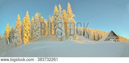 The Golden Light At Sunset On Top A Mountains In Winter Season. Poiana Brasov, Romania.