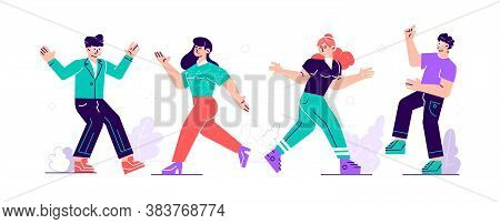 Group Of Young Happy Dancing People Or Male And Female Dancers. Smiling Young Men And Women Enjoying