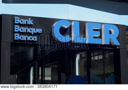Lugano, Ticino, Switzerland - 1st September 2020 : Cler Bank (former Bank Coop) Sign Hanging In Fron