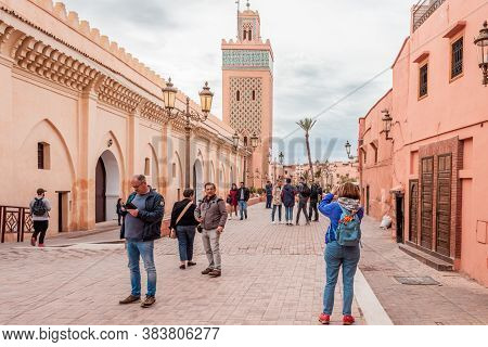 Marrakesh, Morocco - October 30, 2018: Tourists Visiting The Popular Tourist Attraction Place, The K