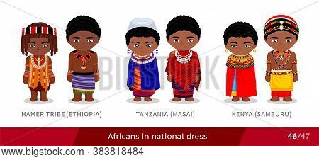 Hamer Tribe, Ethiopia, Tanzania, Masai, Kenya, Samburu. Men And Women In National Dress. Set Of Afri