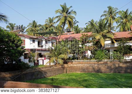 CANDOLIM, INDIA - FEBRUARY 20, 2020: Guest house in Candolim, North Goa, India