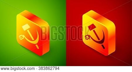 Isometric Hammer And Sickle Ussr Icon Isolated On Green And Red Background. Symbol Soviet Union. Squ