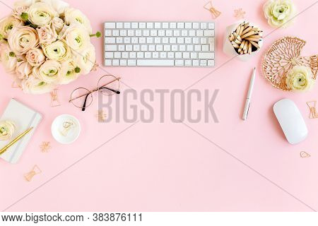 Stylized, Pink Womens Home Office Desk. Workspace With Computer, Bouquet Ranunculus And Roses, Clipb