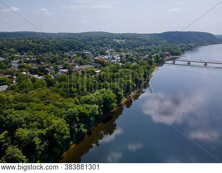 Aerial Overhead Of Delaware River Landscape, American Town Of Lambertville New Jersey, View Near Sma