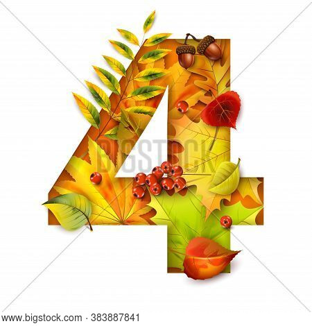 Autumn Stylized Alphabet With Foliage. Digit4. For Your Design.