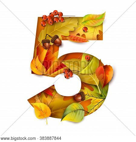 Autumn Stylized Alphabet With Foliage. Digit5. For Your Design.