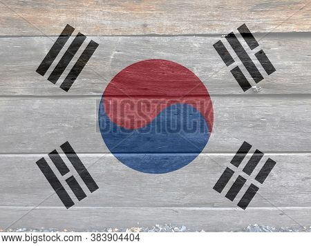 Flag Of South Korea On Wooden Wall Background. Grunge South Korean Flag Texture, The White Color Wit