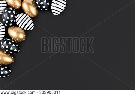 Flat Lay With Golden And White Easter Eggs Painted With Stripes And Dots In Corner Of Black Backgrou