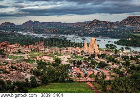Virupaksha Temple With Bright Dramatic Sky And Rocky Mountain Background At Morning From Hill Top Im