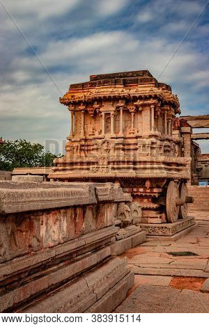 Stone Chariot The Antique Stone Art Piece From Unique Angle With Amazing Blue Sky At Hampi