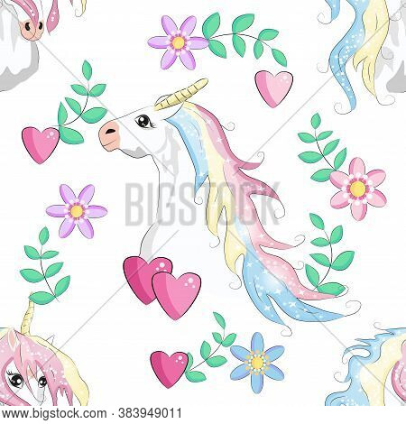 Seamless Pattern With Unicorns, Moon, Flovers, Clouds And Stars. Baby Background.