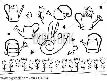 Set Of Hand Drawn May Elements Isolated On White Background. Spring Icons In Doodle Style. Garden Wa