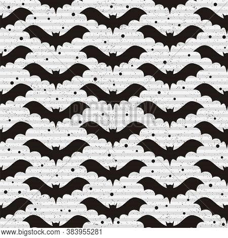 Seamless Halloween Vector Pattern. Hand-drawn Black Bats On A Vintage Striped Background. Gray Grung
