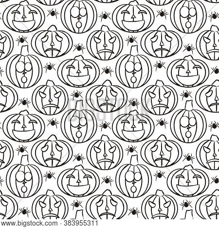 Seamless Halloween Vector Pattern. Hand-drawn Spiders And Pumpkins With Carved Faces. Black And Whit