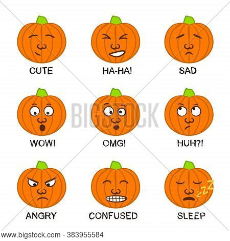 Pumpkin Emoji. Funny Hand-drawn Halloween Faces. Vegetable Vector Illustration For The Holiday Of Al