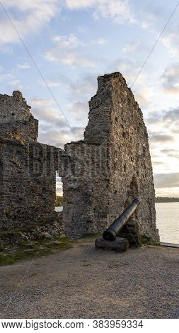 Autumn Landscape Of Old Koknese Castle Ruins And River Daugava Located In Koknese Latvia. Medieval C