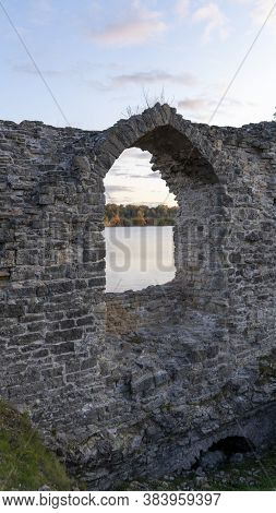 Autumn Landscape Of Old Koknese Castle Ruins And River Daugava Located In Koknese Latvia. Medieval C