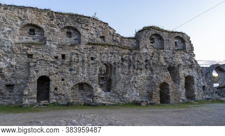 Autumn Landscape Of Old Koknese Castle Ruins And River Daugava Located In Koknese Latvia. Medieval C