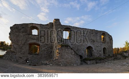 Autumn Landscape Of Old Koknese Castle Ruins And River Daugava Located In Koknese Latvia. Medieval C
